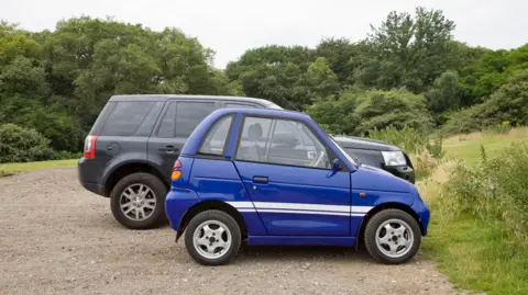 Getty Images A small blue car parked in a park car park, in front of a larger grey SUV. The difference in length and height of the two cars is clearly visible.