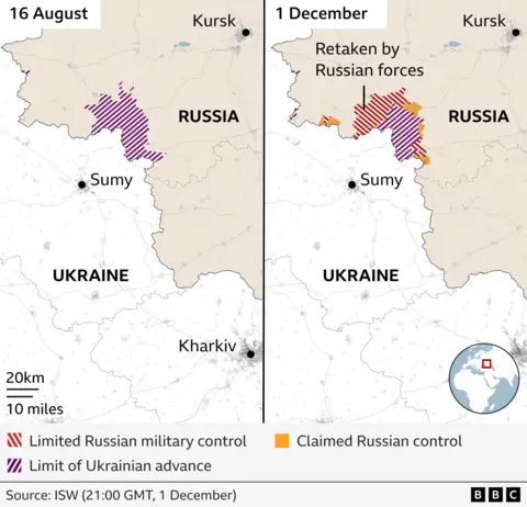 BBC map shows area of Kursk seized by Ukrainian forces in August versus a second map showing the same area in early December, showing where Russian troops have regained control.