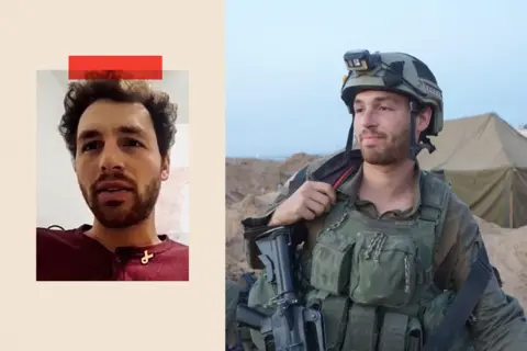 Two photos side by side: on the left, Yuval wears a burgundy t-shirt and on the right, he is dressed in military fatigues, holding a weapon