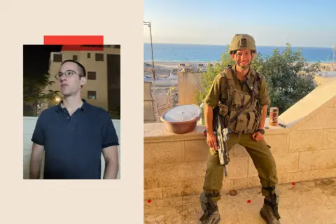 Two photos side by side: on the left, Sam wears glasses and a navy blue T-shirt, looking away from the camera. On the right, he is dressed in military gear, holding a weapon.