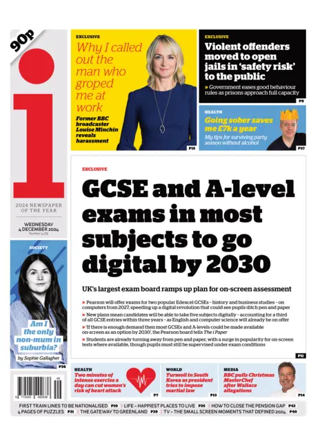 The i headline: "GCSE and A-level exams in most subjects to go digital by 2030"