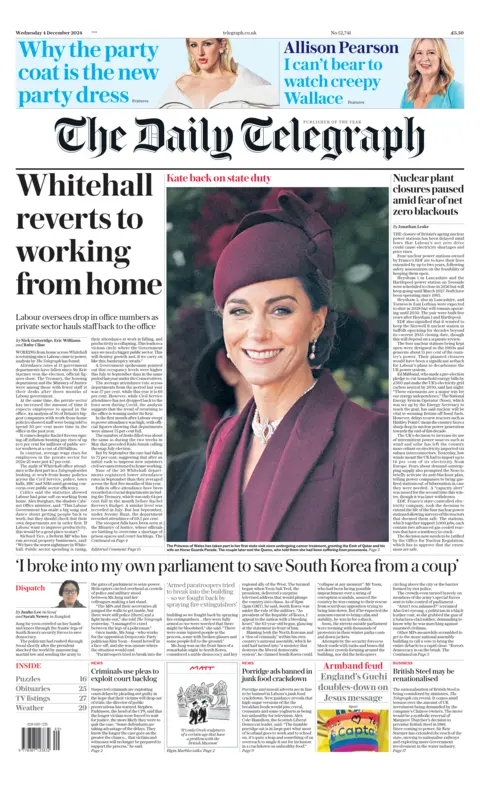 Daily Telegraph front page headline: "Whitehall reverts to working from home"