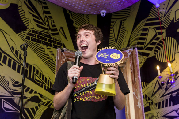 Comic Sam Campbell upon winning the Barry Award in 2018. 