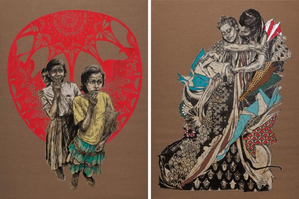 Works by Swoon, Sabnha (left) and Alixa and Naima.