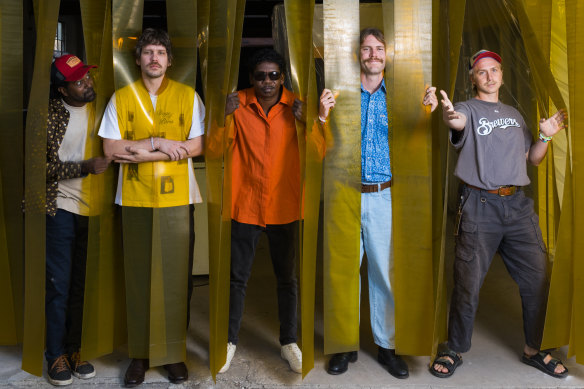 King Stingray - (from left) King Stingray (from left)  Billy Wanambi, Lewis Stiles, Dimathaya Burarrwanga, Roy Kellaway and Campbell Messer - say their tour of the US has been filled with “crazy cool” moments.