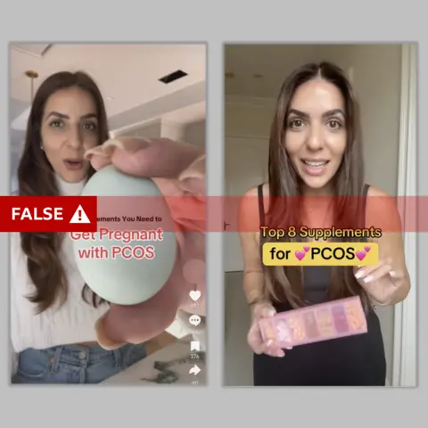 The photo has two portrait images of the influencer Tallene Hacatoryan with a red banner saying 'false' across them. The one on the left shows Hacatoryan holding an egg -shaped object up to the camera with the text ‘3 supplements you need to get pregnant with PCOS’. The one on the right shows Hacatoryan holing a pill box with the text ‘Top 8 Supplement s for PCOS’