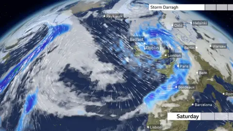 Weather map for Saturday showing gusts of winds hitting Ireland and UK. 