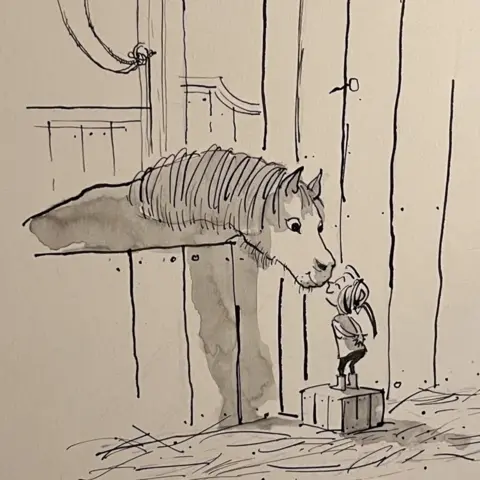 Philippa Davies Line drawing of a horse putting its head over a stable door and a little girl wearing wellies standing on a box and reaching up to kiss her