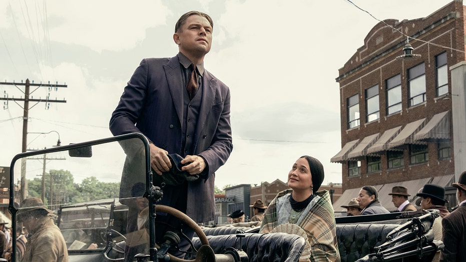 Leonardo DiCaprio and Lily Gladstone in a scene from "Killers of the Flower Moon"