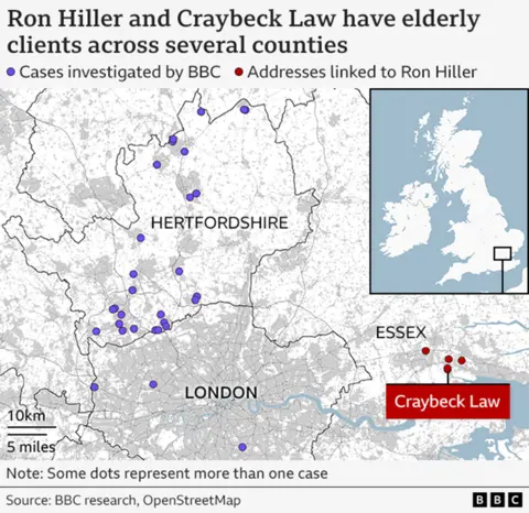 Map of London and the counties immediately to the north - Hertfordshire and Essex - with four red dots in Essex representing companies linked to Ron Hiller, and 30 purple dots representing the people spoken to by the BBC during this investigation