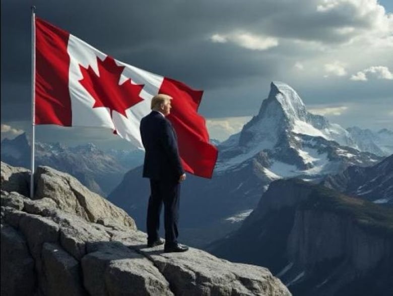 Trump in drawing standing over snow-peaked mountains with a Canadian flag 