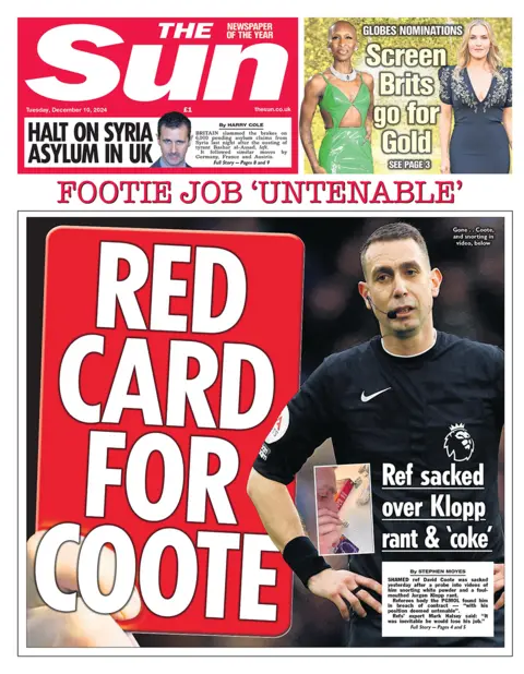 The headline in the Sun reads: "Red card for Coote". 