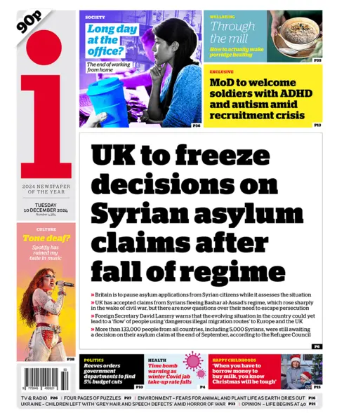 The headline in the i reads: "UK to freeze decisions on Syrian asylum claims after fall of regime". 