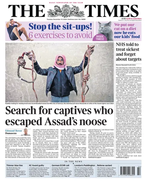 The headline in the Times reads: "Search for captives who escaped Assad's noose". 