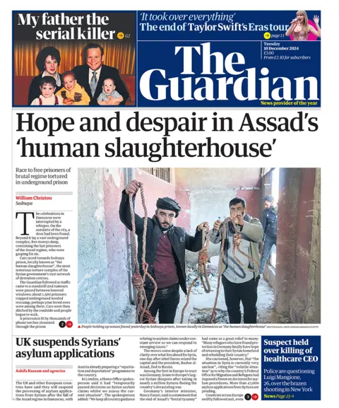 The headline in the Guardian reads: "Hope and despair in Assad's 'human slaughterhouse'". 