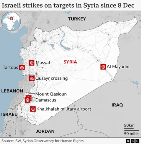 A map showing the locations of Israeli strikes on Syria since 8 December, including Tartous, Masyaf, Qusayr Corssing, Al Mayadin, Mount Qasioun, Damascus and Khalkhala airport