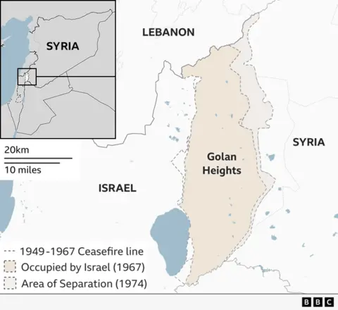 A map shows the location of the Golan Heights, between Israel and Syria. A lighter shaded area along the right-hand border of it shows the area of separation