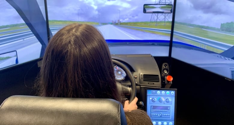 A person seat in front of a steering wheel and three large screens show a virtual highway at night.