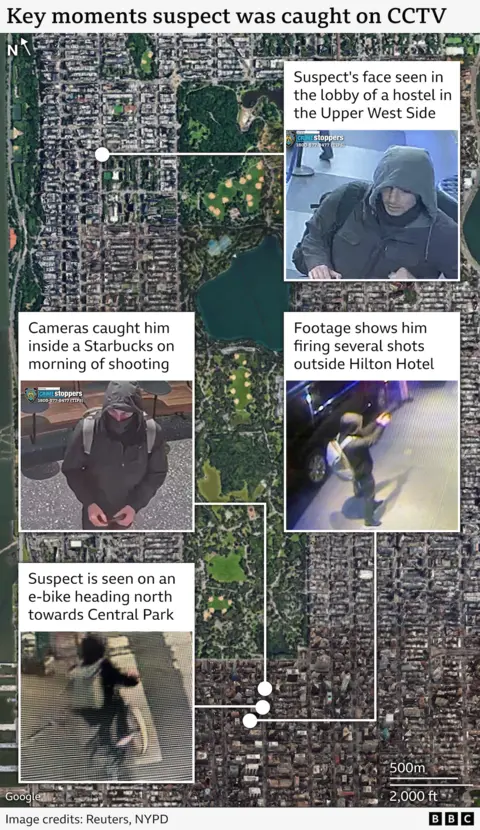 A chart showing key moments when the suspect was caught on CCTV, in the lobby of a hostel, inside  a Starbucks cofee shop on the morning of the shooting, firing several shots outside Hilton Hotel and on an e-bike heading north towards Central Park