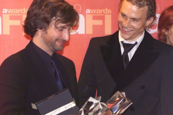 Writer Gregor Jordan and Heath Ledger after Two Hands cleaned up at the AFI Awards in 1999.