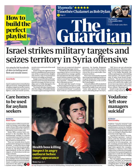 The headline in the Guardian reads: "Israel strikes military targets and seizes territory in Syria offensive". 