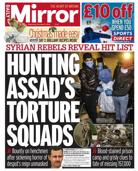 The headline in the Mirror reads: "Hunting Assad's torture squads". 