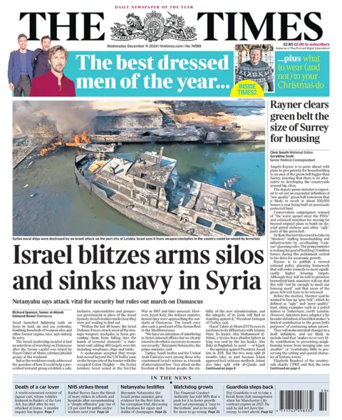 The headline in the Times reads: "Israel blitzes arms silos and sinks navy in Syria". 