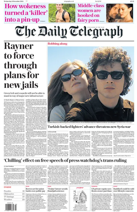 The headline in the Telegraph reads: "Rayner to force through plans for new jails". 