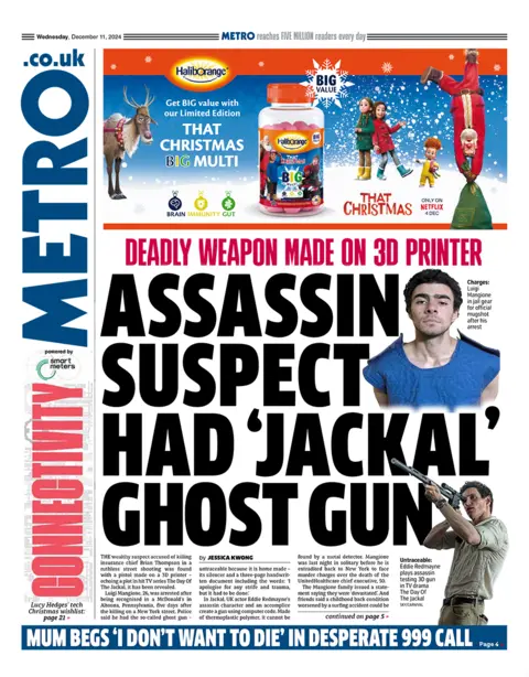 The headline in the Metro reads: "Assassin suspect had 'jackal' ghost gun". 