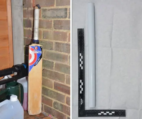 Surrey Police A composite image of a wooden cricket bat and a white metal pole, which was part of a high chair.

