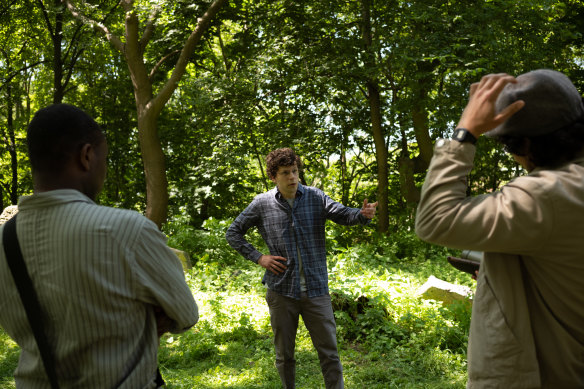 Jesse Eisenberg on the set of A Real Pain. 