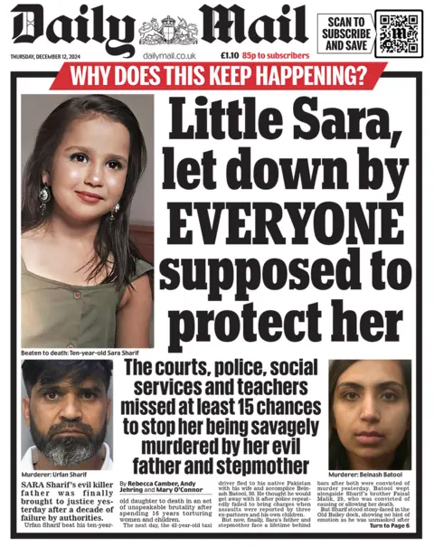 The headline in the Daily Mail reads: "Little Sara, let down by EVERYONE supposed to protect her".