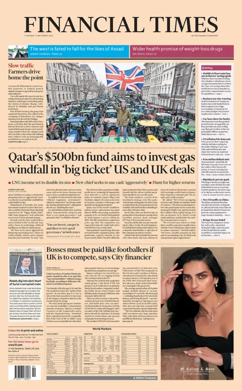 The headline in the Financial Times reads: "Qatar's $500bn fund aims to invest gas windfall in 'big ticket' US and UK deals". 