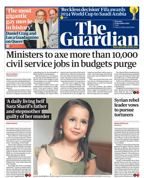 The headline in the Guardian reads: "Ministers to axe more than 10,000 civil service jobs in budgets purge". 