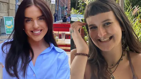 Morgane Chapman and Phoebe Horrocks There are two images on screen. The one of the left is a woman with long black hair, smiling at the camera. She is wearing a blue shirt. On the right is a woman with brown hair and a fringe at the front. She is wearing a nose ring.