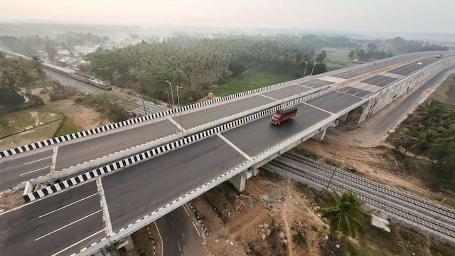 Ramanagar: This photo taken with a drone shows the Bengaluru-Mysuru expressway, in Ramanagar district, Karnataka, Friday, March 10, 2023. Prime Minister Narendra Modi will inaugurate the expressway on Sunday. (PTI Photo)(