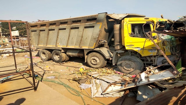 **EDS: BEST QUALITY AVAILABLE** Surat: Mangled remains of the truck, which ran over migrant labourers from Rajasthan sleeping by the roadside, shortly after midnight, near Surat, Tuesday morning, Jan. 19, 2021. Fifteen workers died in the incident. (PTI Photo)(PTI01_19_2021_000036B)