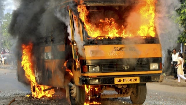 A school bus catches fire in Patna./Reuters