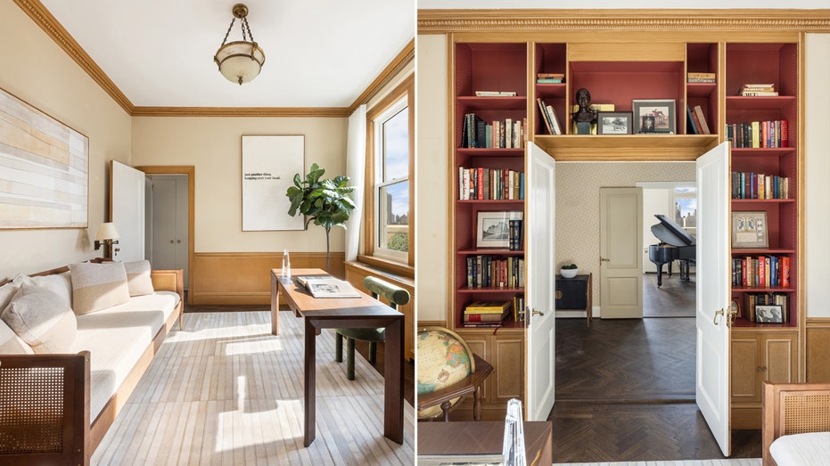 The spare room features built-in bookshelves and a large window. 