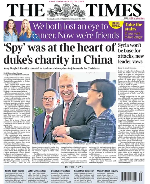 The main headline on the front page of the Times reads: "'Spy' was at the heart of duke's charity in China"