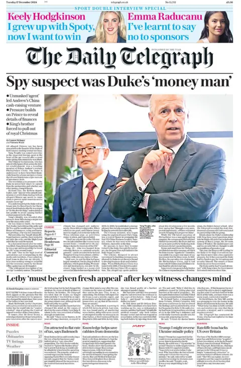 The main headline on the front page of the Daily Telegraph reads: "Spy suspect was Duke's 'money man'"