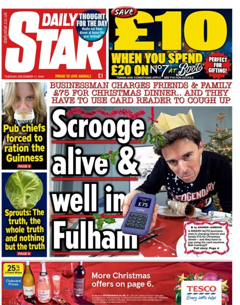 The main headline on the front page of the Daily Star reads: "Scrooge alive and well in Fulham" 