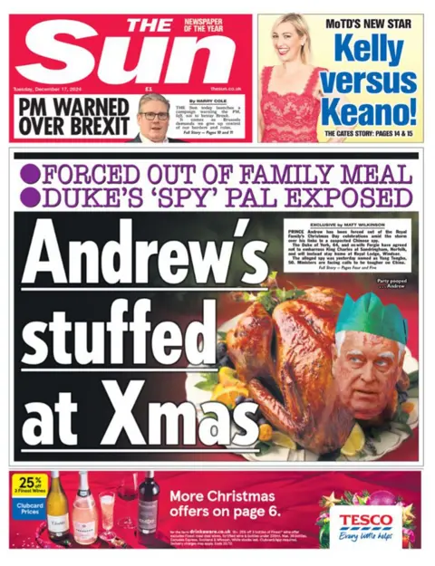 The front page of the Sun reads: "Andrew's stuffed at Xmas"