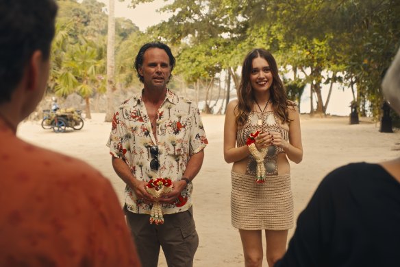 Walton Goggins as Rick Hatchett and Aimee Lou Wood as Chelsea in season three of The White Lotus.