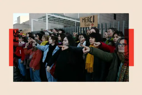 Getty Images Women gather in support of Gisèle Pelicot outside the Avignon courthouse