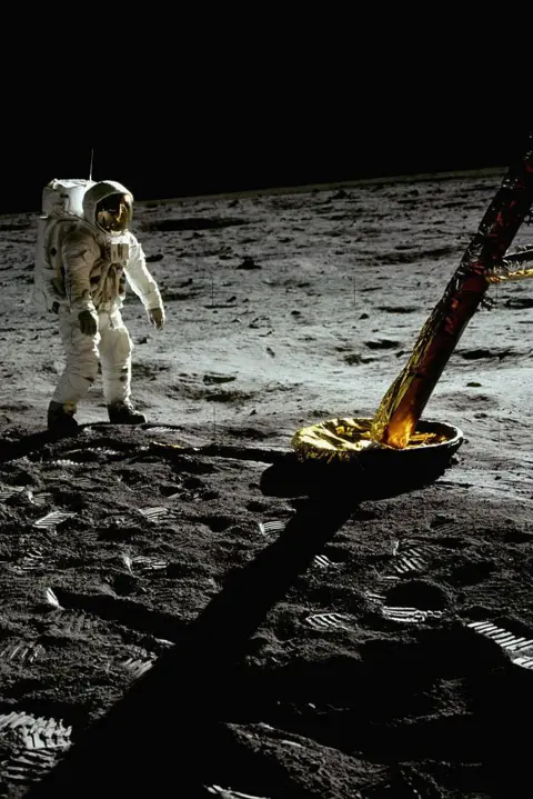 Getty Images Apollo 11 astronaut Buzz Aldrin walks near one of the legs of the Eagle lander at Tranquility Base on the Moon's surface