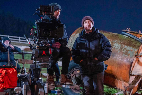 Leigh Whannell (right) on the Wolfman set with cinematographer Stefan Duscio.