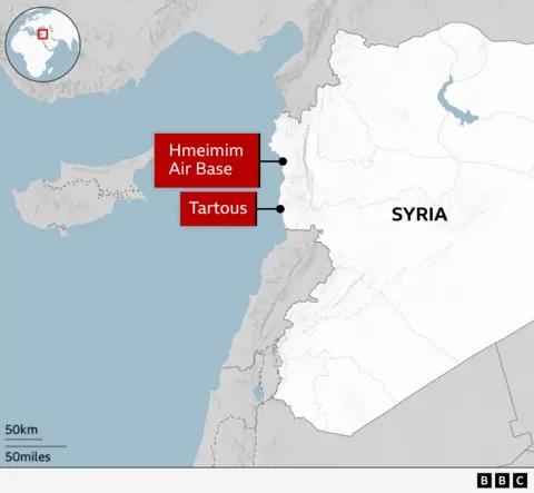 A map showing Hmeimim air base and the Tartous naval facility in Syria