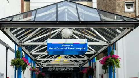 EPA The entrance of Great Ormond Street Hospital showing a sign with the hospital's name and a glass roof leading to the entrance doors