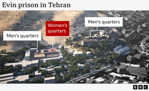 BBC graphic of Evin prison, showing its location next to hills on the northern edge of Tehran. It shows the location of the women's quarters at one end of a building and the men's quarters spread between the end of the same building and another building to the right. 